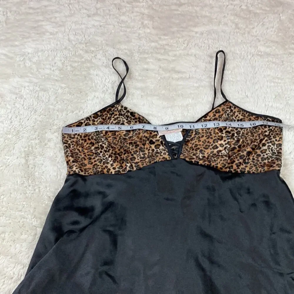 Vintage Angelique Leopard print and‎ black satin chemise slip, size Large - Picture 6 of 8